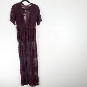 HAUTE MONDE Burgundy Sheer Lace High Side Splits Low V-Neck Maxi Dress Small